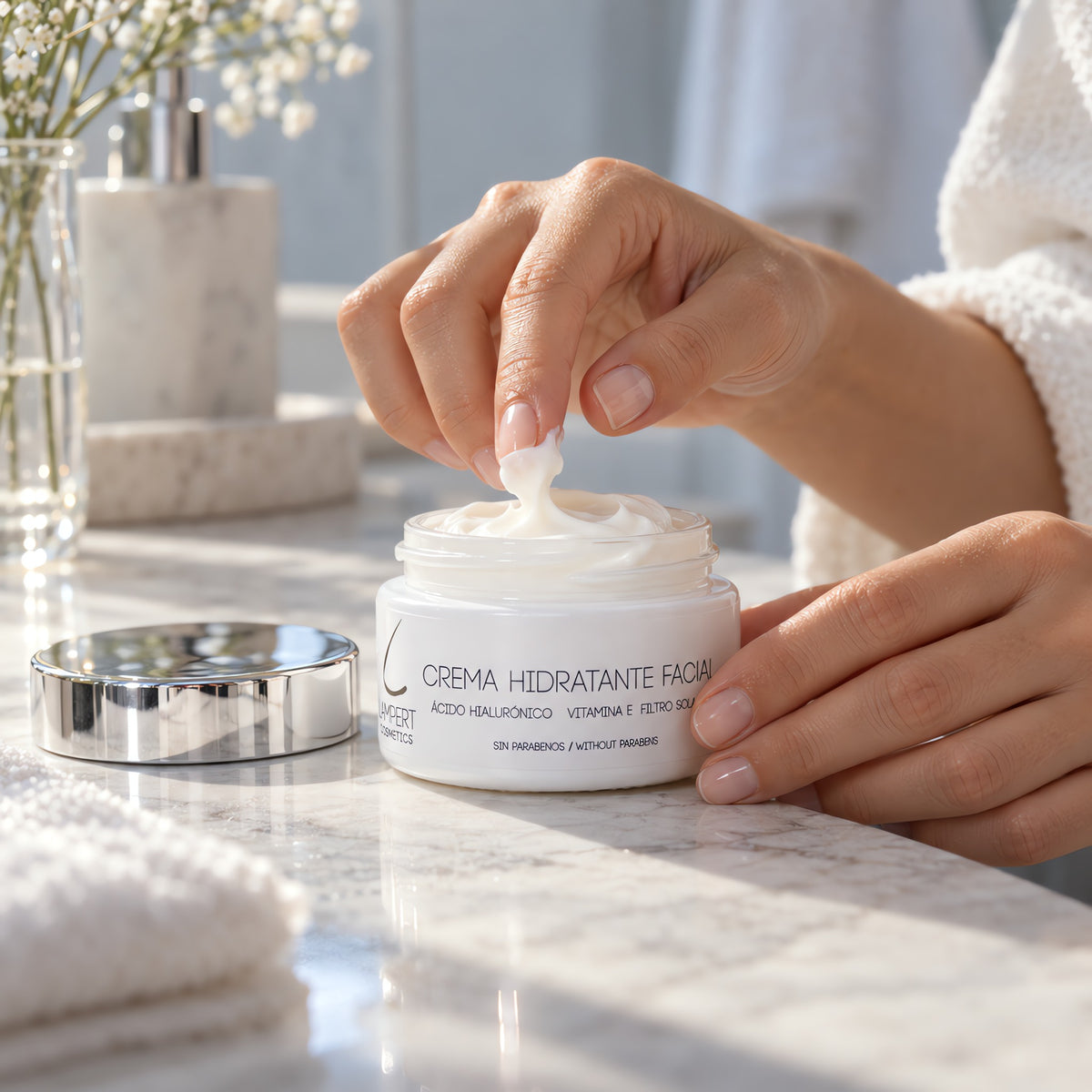 Crema Hidratante Lampert abierta en el baño