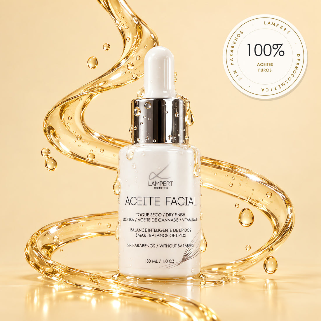 Aceite Facial de toque seco Lampert 30 ml con cintas de aceite dorado – 100% Aceites Puros